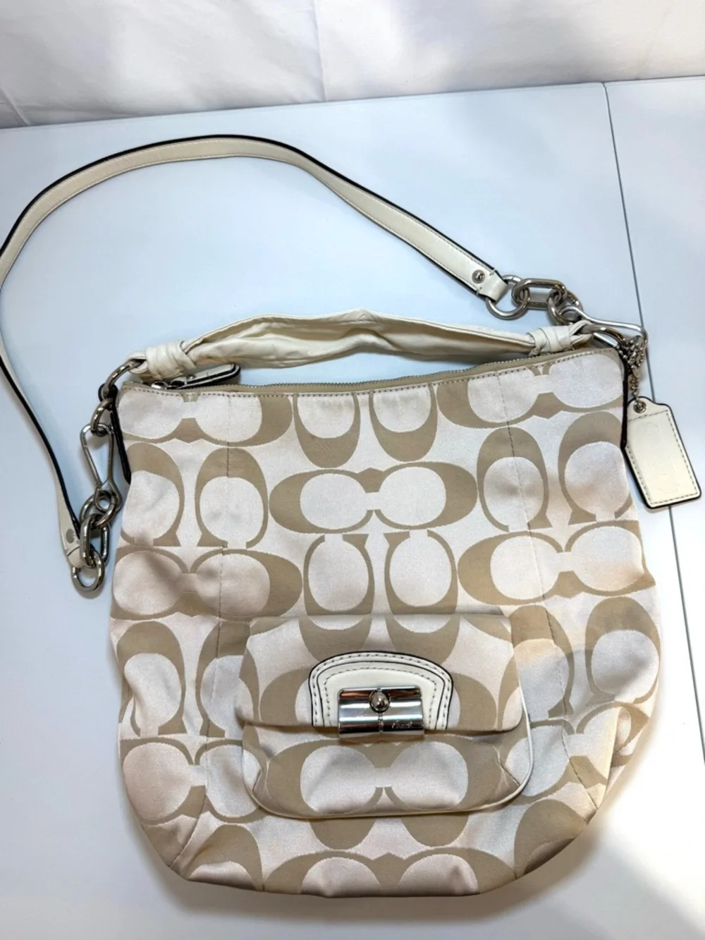 Coach Signature Clip Hobo Bag 14901 Ivory Tan Convertible Crossbody Shoulder - Picture 3 of 13